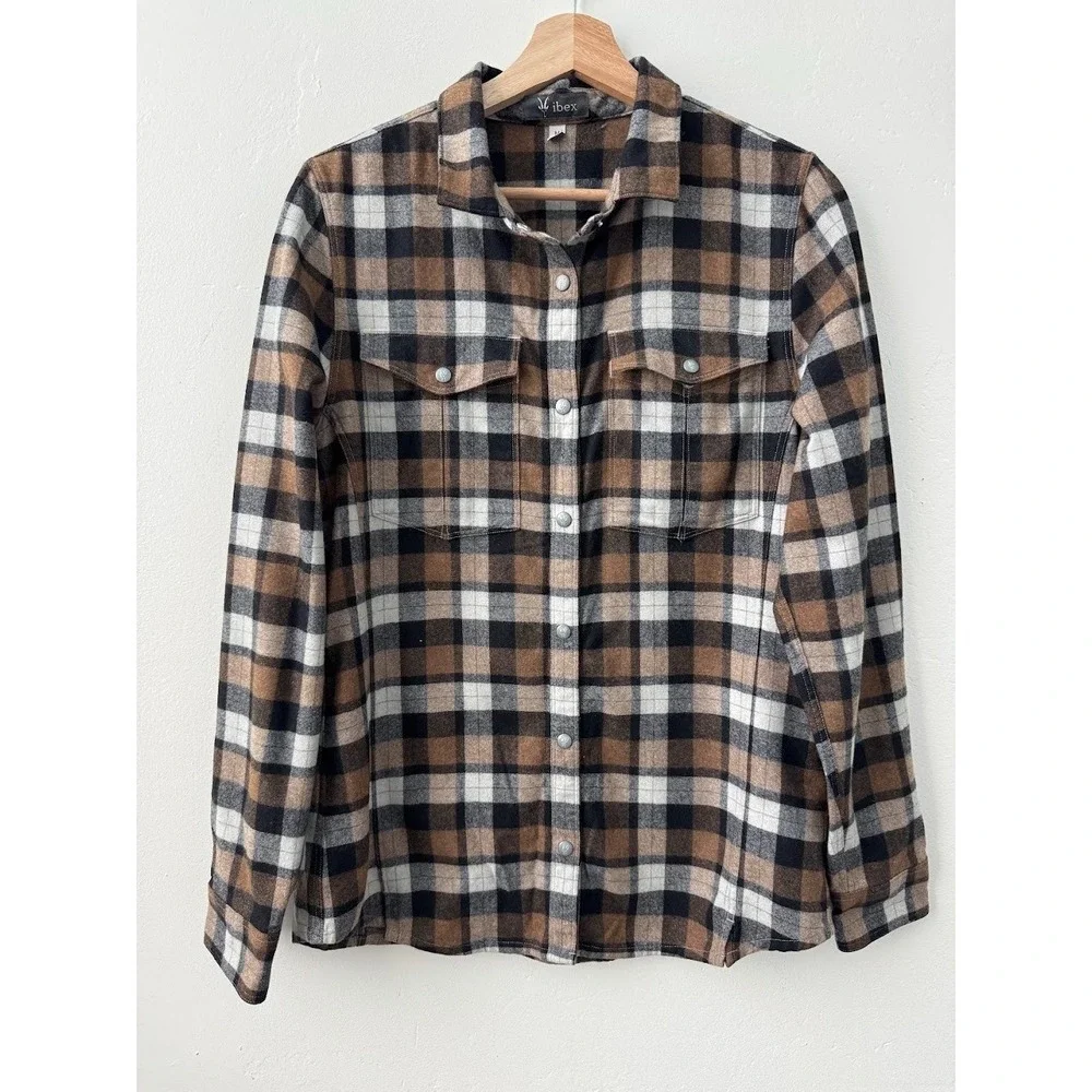 Ibex Taos Brown Plaid Flannel Snap Button Up Shirt Pockets Wool Outdoor Womens M